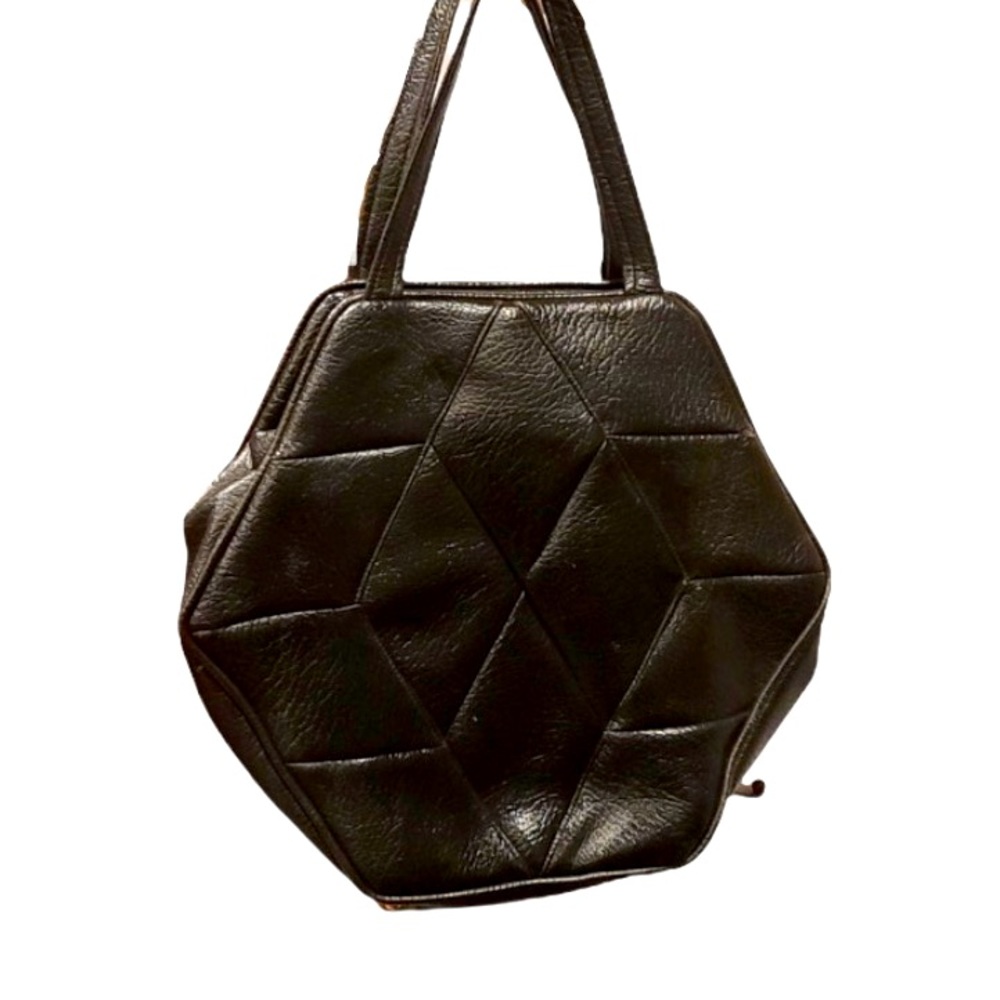 Vintage 60s / 1960s Leather Hexagon Shaped Handbag / Purse - black mod
